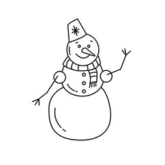 Black and white drawing of a snowman. Clip art. Suitable for postcards, flyers, banners, invitations. Vector illustration for art therapy, antistress coloring book for adults and children.