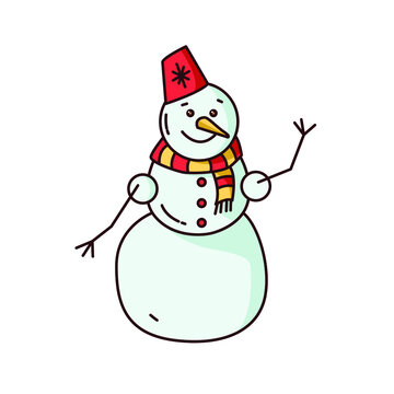 Vector drawing of a snowman. Clip art. Sticker. Suitable for printing on paper, fabric.