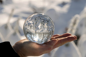verschneiter Wald spiegelt sich in Glaskugel, die in der Hand gehalten wird, Naturerlebnis im...