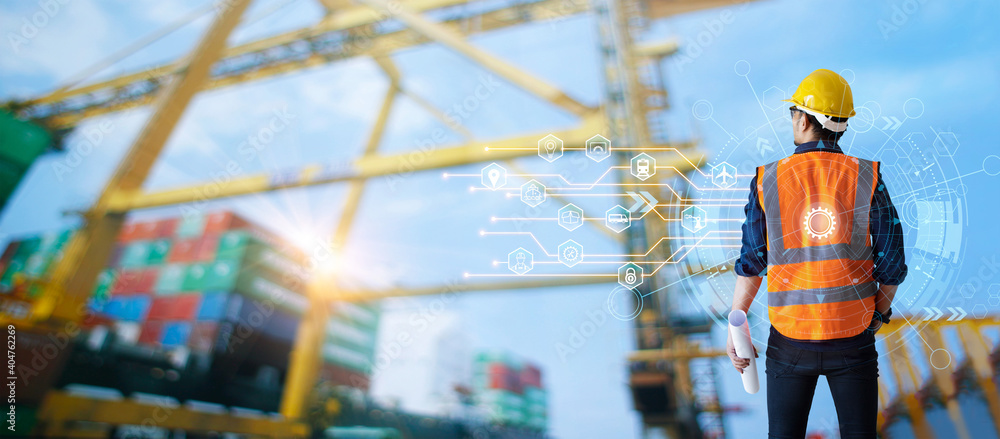 Poster Engineer and foreman control loading container from cargo freight ship to truck and icon logistic global network distribution and import export business. Business logistic and import export concept