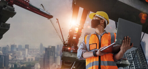 Fototapeta premium Architect, civil engineer holding laptop inspect and oversee infrastructure progress and security of city construction project. Industrial innovative technology and global construction solution concep