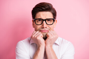 Photo of sad guy hands face cry wear spectacles white shirt isolated on pink color background