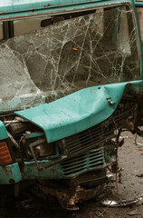 Terrible dangerous car after a fatal accident. Broken windshield. A broken car with broken glass....