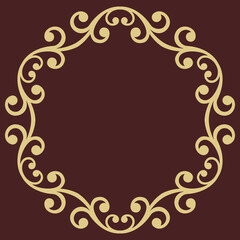 Oriental vector round frame with arabesques and floral golden elements. Floral golden border with vintage pattern. Greeting card with place for text
