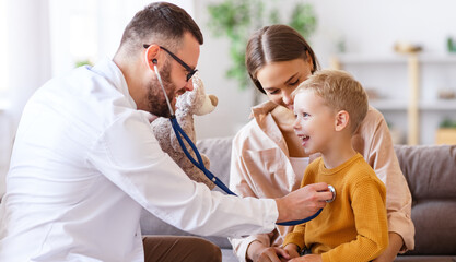 Doctor listening chest of boy during appointment