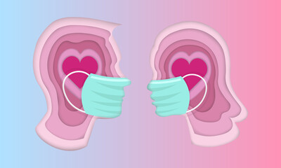 Male and female wearing protective mask silhouette. Faces profile in paper cut style. Couple Portrait. love heart inside head. Romantic Holidays. 14 February. Be my valentine.