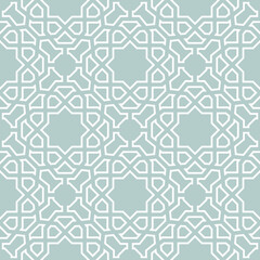 Seamless vector light blue and white ornament in arabian style. Geometric abstract background. Pattern for wallpapers and backgrounds