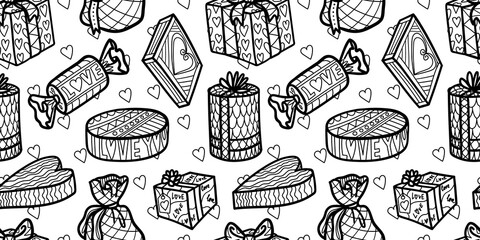 Valentines Day theme doodle coloring book. Vector seamless antistress pattern of present box with a bow. Hand drawn for textile, Love wallpaper for boys and girls