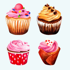 Watercolor Hand Drawn Illustration Food Sweet Dessert Cupcake Set