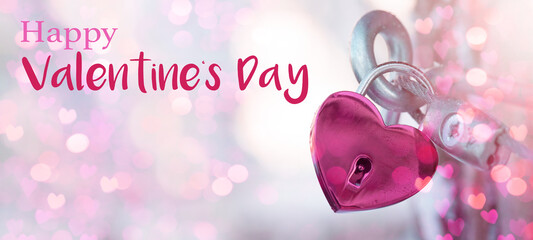 Happy Valentines Day background banner panorama greeting card template - Close-up from pink heart love padlocks with bright bokeh lights