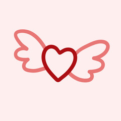 Valentines Day theme doodle Vector illustration of hand drawn heart shape with little wings isolated on a pink background.