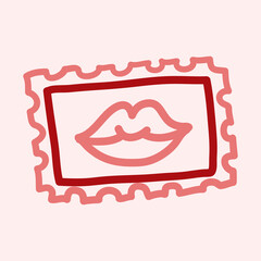 Valentines Day theme doodle Vector icon of hand drawn mail postage stamp with lips shape isolated on a pink. Hand drawn line illustration