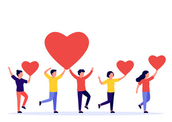 Group of people is holding red heart shape. Men and women give feedback, support, help, love. Good review, like. Valentine s Day concept. Vector illustration