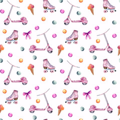 Watercolor hand painted seamless pattern with pink scooter, skates, ice cream and bubbles on white background. Perfect for fabric, wrapping paper or scrapbooking.