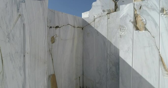 Industrial marble quarry site with huge marble blocks