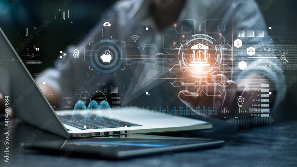 Poster businessman using laptop and touching icon banking on network connection. digital marketing. finance