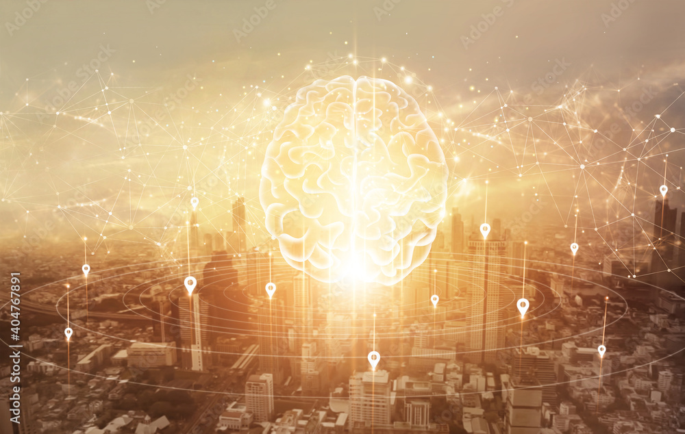 Poster Smart intelligent communication. Abstract Brain with network and connection technology on modern city background. Networking. Innovative technology in science and communication concept.
