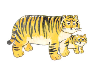 年賀状　デフォルメの太った虎の親子のイラスト