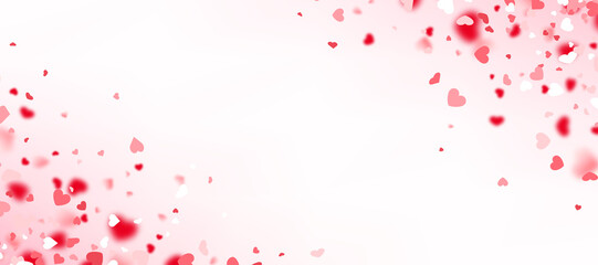 Fototapeta na wymiar Red hearts confetti on light red gradient background.