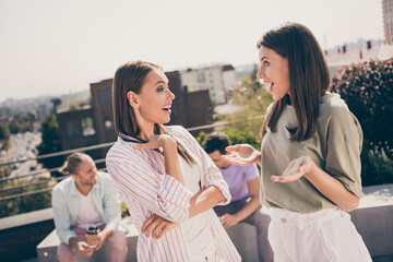 Photo of two young beautiful attractive shocked amazed happy smiling girls talk communicate speak...