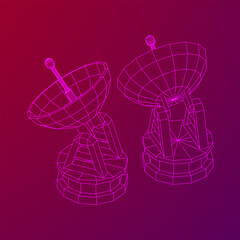 Radar. Directional radio antenna with satellite dish. Astronomy radio telescope . Wireframe low poly mesh vector illustration