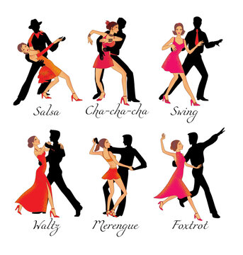 Latin American and ballroom dances: waltz, salsa, cha-cha-cha, foxtrot, merengue, swing. Illustration.