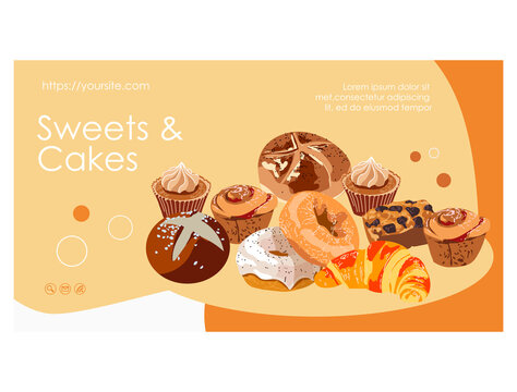 Sweets and cakes landing page template. Freshly baked bread, croissant, donut, cupcake. Bakery shop, food store website design flat vector illustration