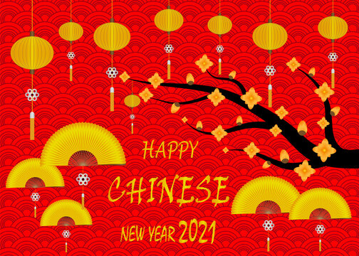 Happy Chinese New Year with paper art flowers on a red background.  Card on red background for Happy Chinese New Year. Golden Chinese new year 2021 greeting card in paper cut out and vector design.
