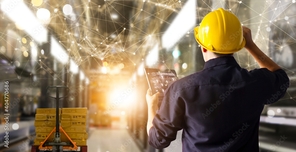 Poster Factory engineer hold tablet manage inventory control and deliverly smart transportation through intelligent warehouse management system.Global logistic contribution and industrial innovative.