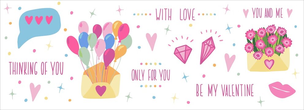 Set for Happy Valentine's Day. Cute hand drawn elements and lettering. Ideal for card poster print. Hearts puncake gift diamonds. Romantic vector illustration