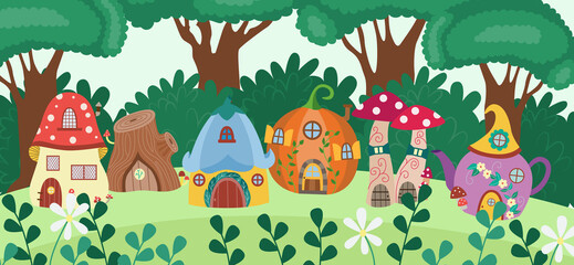 Naklejka premium Cartoon gnome house village banner - cute fantasy forest buildings