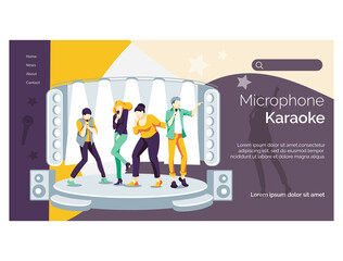 Karaoke singing web banner. Young woman performing song on stage at karaoke bar or night club. Joyful people dancing and having fun at party flat vector illustration