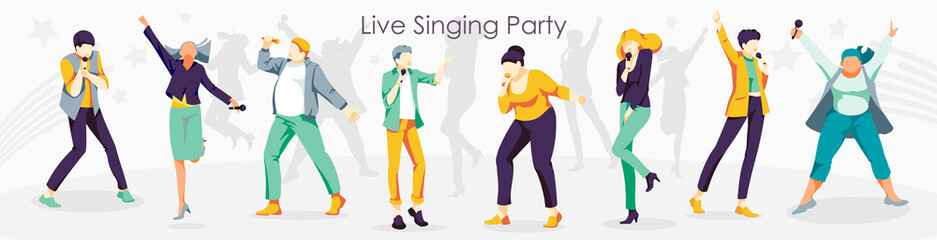 Live singing party. People singing song together with microphones. karaoke party, contest, competition, festival, live performance flat vector illustration