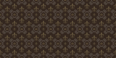 Dark background pattern in vintage style, golden shades on a black background. Seamless wallpaper texture. Vector image