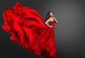 Woman Red Dress, Fashion Model in Long Silk Gown Waving on Wind, Fantasy Girl in Flying Fabric....