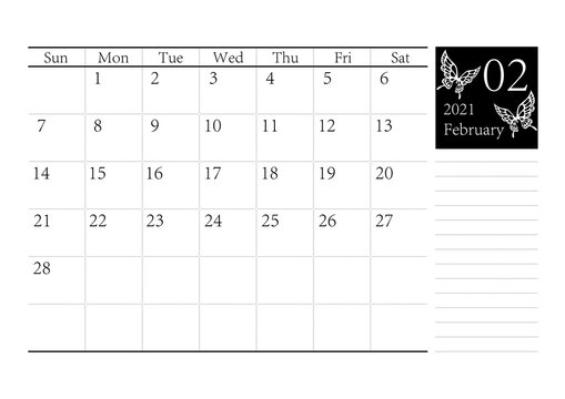 胡蝶 アゲハチョウのシンプルなモノクロのカレンダー 2021年2月 ベクター