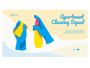 Chemical disinfection landing page. Professional cleaning service website interface. Housekeeping, hygiene and chemical protection. Hand in glove with detergent and rag cartoon vector illustration