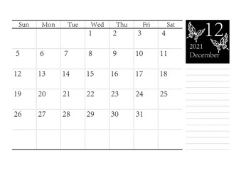 胡蝶 アゲハチョウのシンプルなモノクロのカレンダー 2021年12月 ベクター