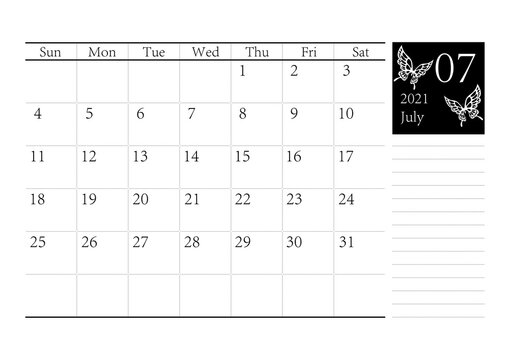 胡蝶 アゲハチョウのシンプルなモノクロのカレンダー 2021年7月 ベクター