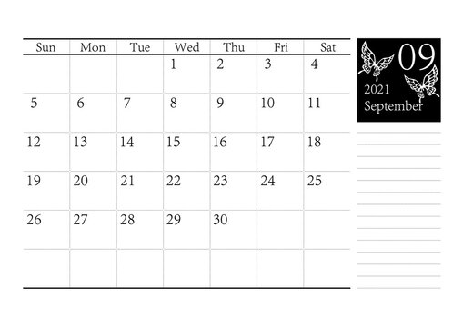 胡蝶 アゲハチョウのシンプルなモノクロのカレンダー 2021年9月 ベクター