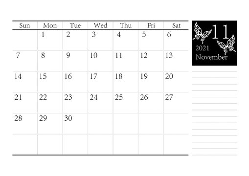 胡蝶 アゲハチョウのシンプルなモノクロのカレンダー 2021年11月 ベクター