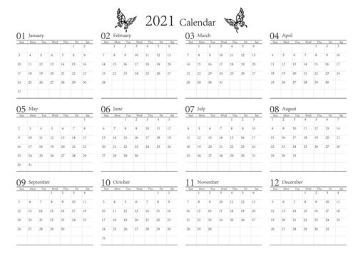 胡蝶 アゲハチョウ 2021年のシンプルなモノクロのカレンダー 12カ月 ベクター