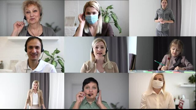 nine friends, people look at web cameras, listen webinar lecture or participate group conference call with female leader, coach, mentor speaking during virtual video chat, online training webcast 