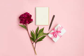 Peony flowers, gift box and Empty notebook, for planning or wishing