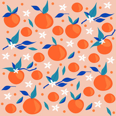 Summer tangerines, seamless pattern with mandarins and flowers