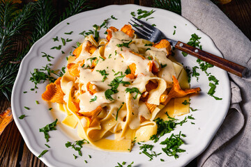 Tagliatelle with fresh chanterelles in a mushroom sauce
