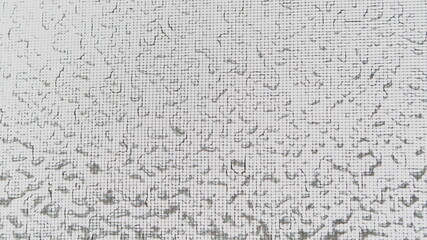 Frozen water drops close up on gray net structure surface after icy rain, blurred abstract winter texture for background