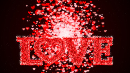 Romantic background with flying red hearts and shiny word love