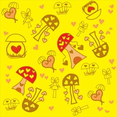 children's illustration. Seamless pattern. Valentine's Day wrapping paper. Heart and mushrooms on a yellow background. Gift wrap with heart elements and stylized mushrooms.