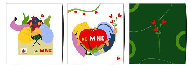 Fototapeta na wymiar Set Of Creative Saint Valentine's Day Greeting Cards Flat Vector Design. Couple In Love. Stylized Modern People Illustration.